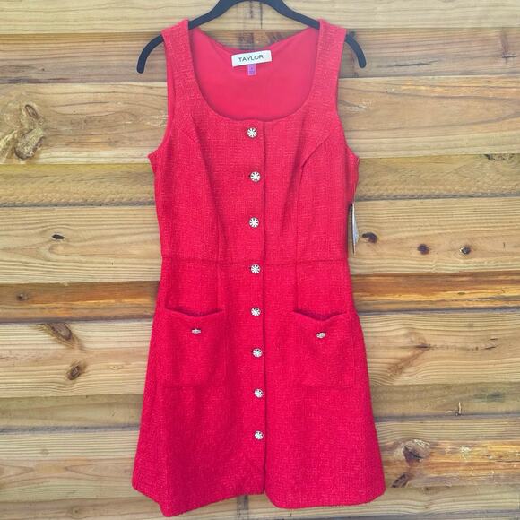Taylor Dresses & Skirts - NWT Taylor Red Shimmer Tweed Holiday Dress Size 8 Gem Button Detail & Pockets